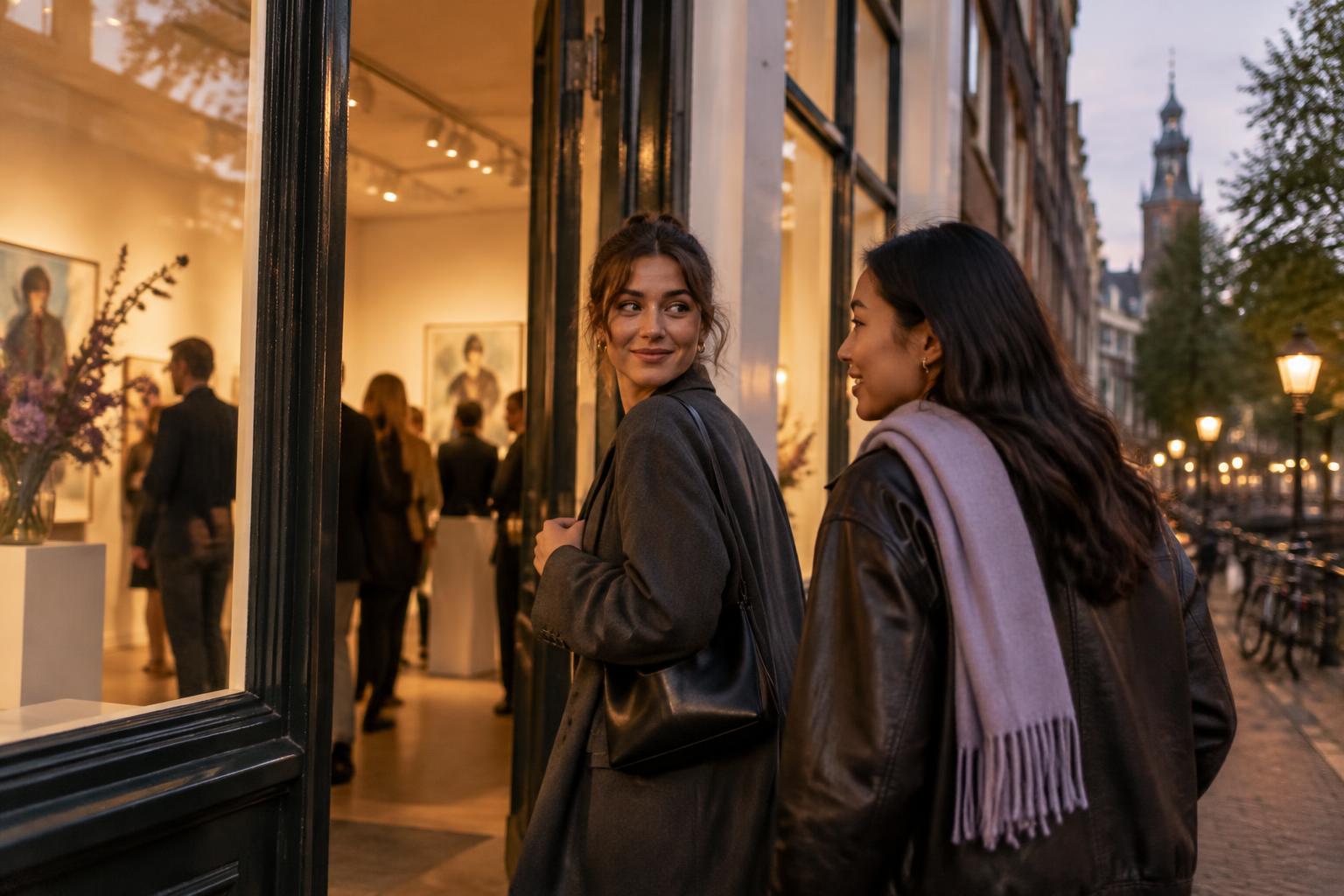 Two friends arriving at an Amsterdam gallery