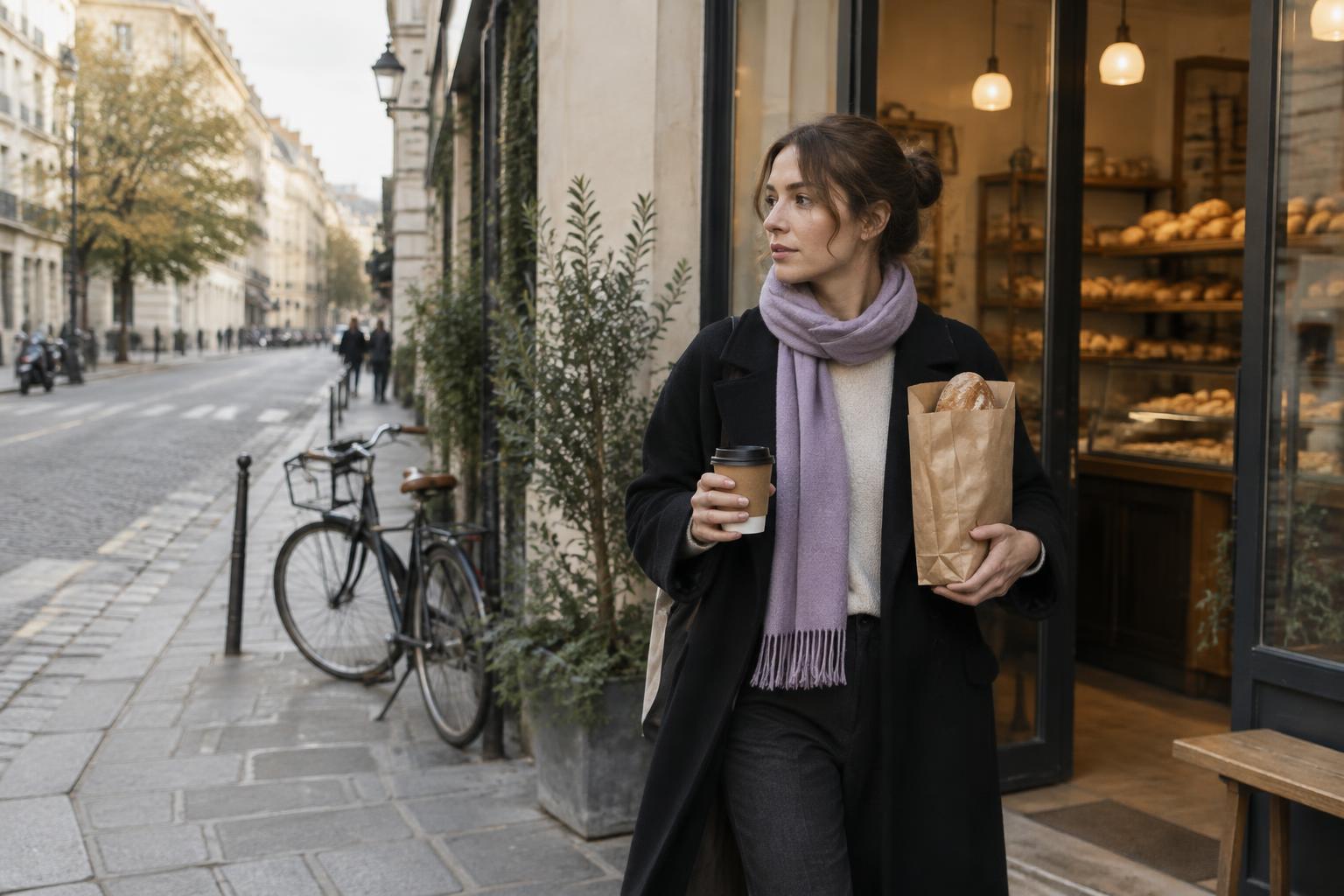 A customer leaving a European bakery with coffee and bread