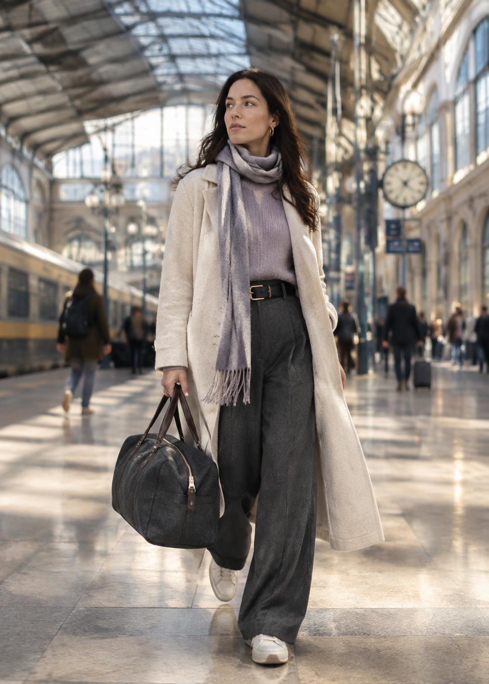 Traveler moving through a European railway station